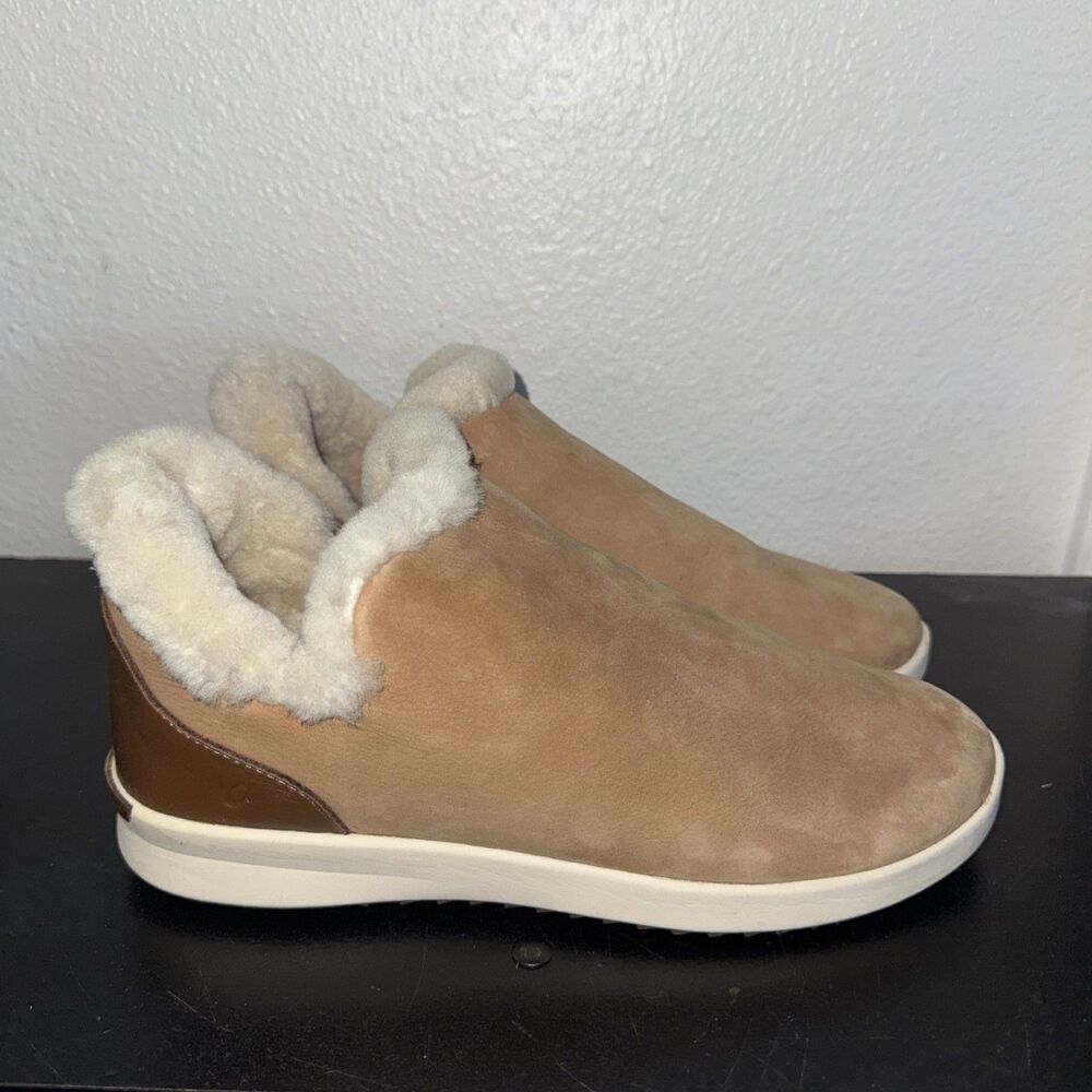 Olukai Malua Hulu Women's 8 Tan Leather Sheepskin Lined Slip On Ankle Boots